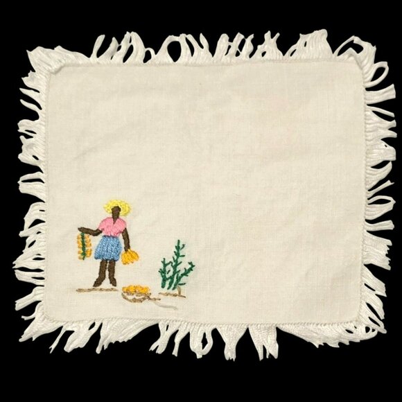 6 Vintage Caribbean Jamaican Napkins Embroidered Woman Man Basket Bananas Fringe - Picture 9 of 15